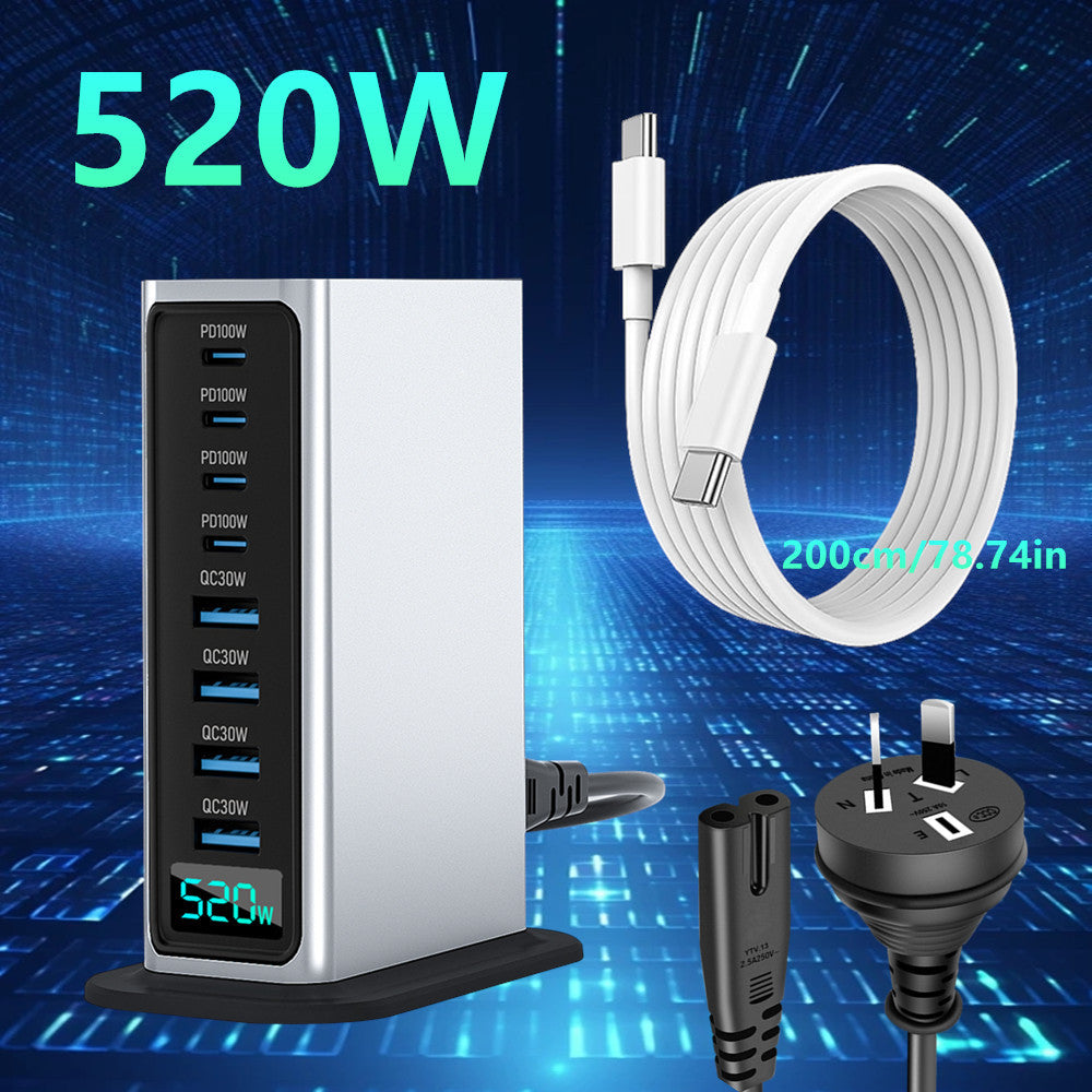 520W 8-Port GaN USB Charging Station with 2M Cable - Portable Fast Charger for MacBook Pro, iPad, iPhone 16/15/14, Samsung, and More - Travel Essentials (Silver)