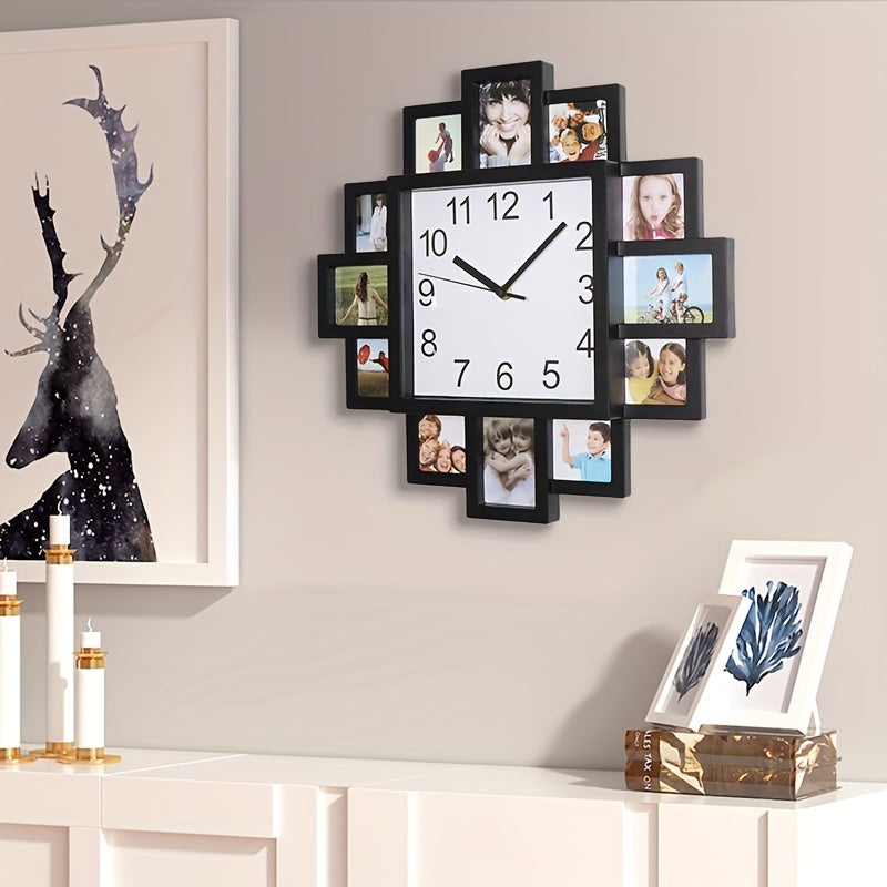 1pc Glowtick Creative Photo Framed Wall Clock - Black Wood Frame, Holds 12 Photos, Silent Non-Ticking, Irregular Shape Design for Living Room & Bedroom Decor, Perfect Anniversary & Travel Memory Gift, Wall Clock Living Room