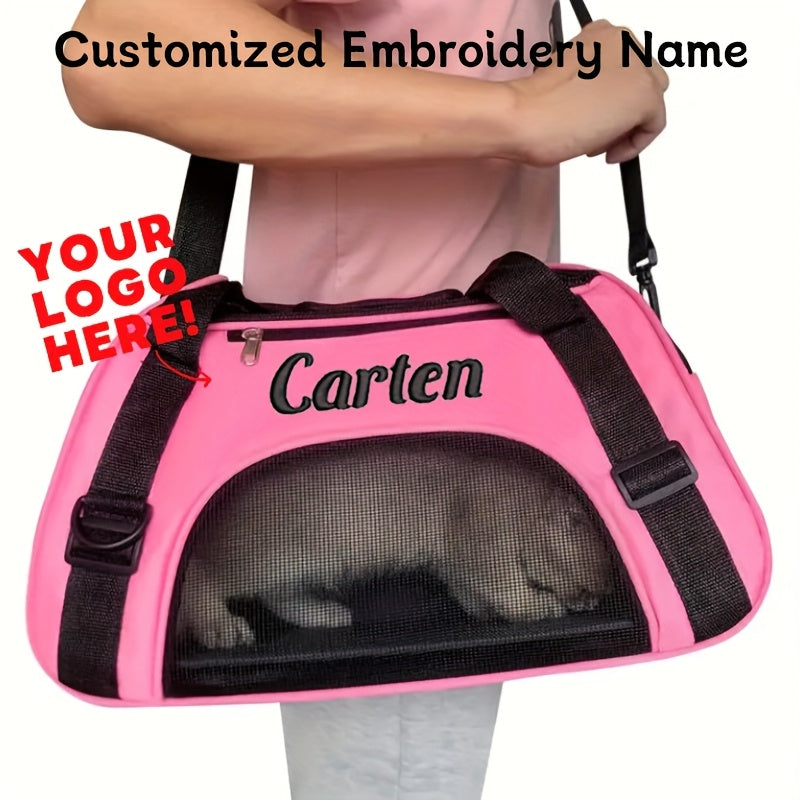 Custom Embroidered Pet Carrier Bag - Large Capacity, Pink with Black Accents, Zipper Closure, Personalized Name Option for Dogs and Cats, Dog Carrier Bag