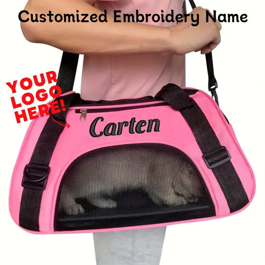 Custom Embroidered Pet Carrier Bag - Large Capacity, Pink with Black Accents, Zipper Closure, Personalized Name Option for Dogs and Cats, Dog Carrier Bag