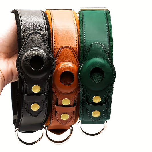 Airtag Dog Collar with Positioning Tracker - Durable Top Layer Cowhide Pet Collar in Solid Color, Adjustable Strap & ID Window, Pet ID for Dogs