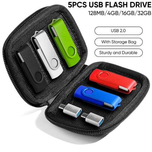 5pcs 128MB/4GB/16GB/32GB USB Flash Drives with 2 USB C Adapters and Soft Case, Thumb Drive, Storage Stick for Storage and Backup, Suitable for Android OTG Phones, for iPhone 15/16 Series, for Apple Computers, Tablets, Desktop Computers, Laptops