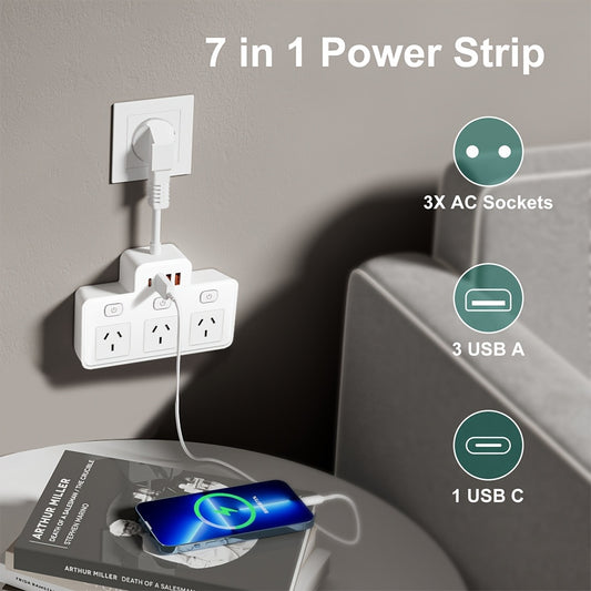 Wall-mounted Australian standard power socket with 3 outlets, 3 USB ports, and a Type-C port, available in black or white. Suitable for kitchens, bedrooms, offices, and living rooms