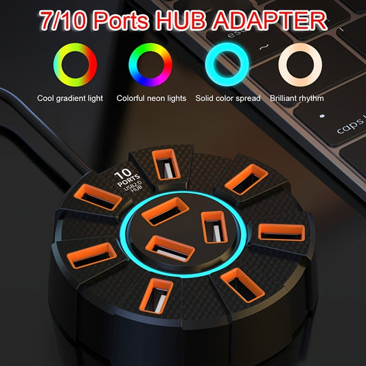 1pc Colorful 7/10 Port USB Hub with Ambient Light, ABS Material, Plug and Play Laptop Extender, Driver-Free, for TV/Laptop Projection, External Device USB Port Adapter, ≤36V Operating Voltage, No Battery Required