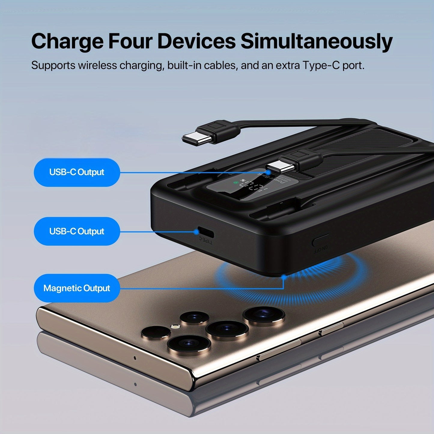 Magnetic Wireless Power Bank 10000mAh, Built-in Cables and Foldable Kickstand, Compact Design for Phones, Tablets and More