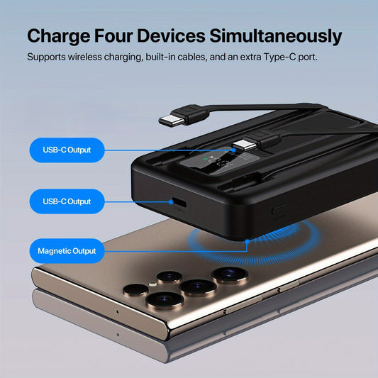 Magnetic Wireless Power Bank 10000mAh, Built-in Cables and Foldable Kickstand, Compact Design for Phones, Tablets and More