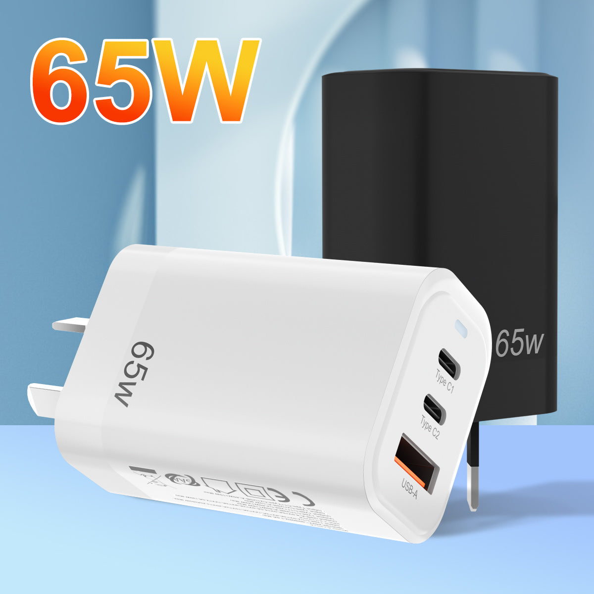 65W USB-C GaN Charger, Fast USB PD Wall Charger, 45W/30W/25W/20W USB C Power Adapter 3-Port AU Plug Compatible with MacBook Pro/Air, for iPhone 16/15/14/13, S22/S21, Pixel, Dell, Thinkpad, for iPad Pro