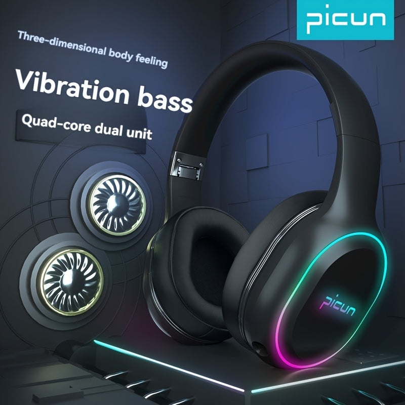 Picun Pro Wireless Gaming Headset - Ultra-Low 45ms Latency, 80Hrs Playtime, 3D Immersive Sound with Haptic Feedback, Noise-Canceling Mic, Multi-Platform Compatibility (PC/PS5/Xbox/Tablets), Fast Charging, Lightweight 250g Design, 3.5mm Headphone Jack, Ga