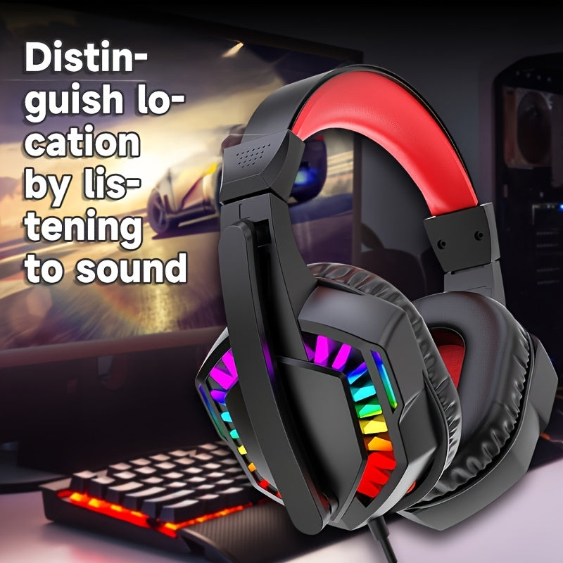 Over-Ear Wired Gaming Headset with RGB Lights, Noise Cancelling Mic, and Surround Sound - Red & Black Design, Perfect for Gamers, Music, and Movies, Gaming Accessories