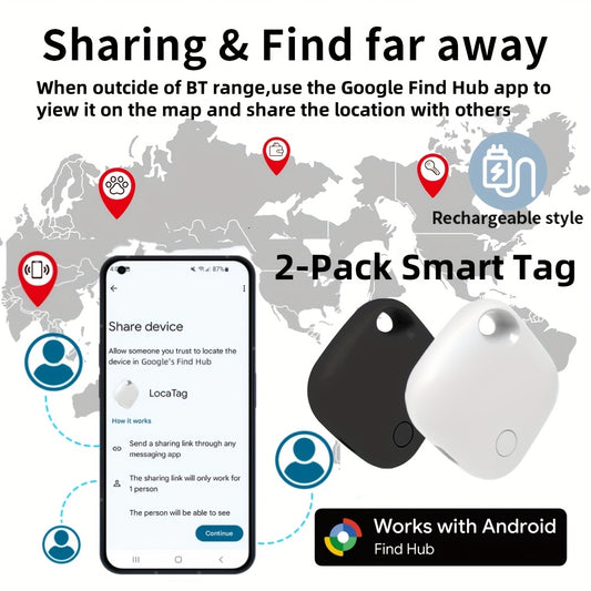 2-Pack Certified Smart Tags, Compatible with Android Find Hub App (Above Android 9), Wireless Low Energy Trackers, Long-Lasting Battery (8 Months), Locator for Luggage, Keys, Wallet, Car, Pet - Find My Device, Compatible with Android Phones/Tablets (Syst