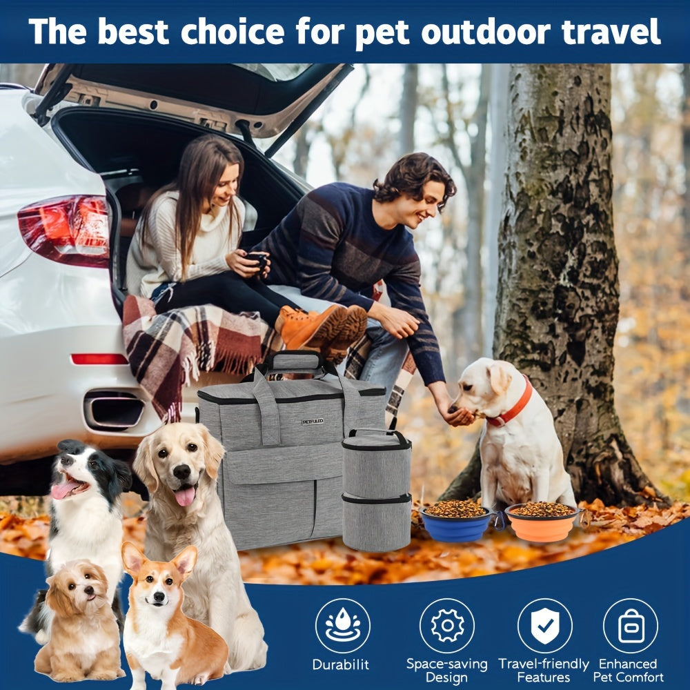 Dog Supplies Travel Bag, Dog and Cat Weekend Pet Travel Set, Airline Approved Carry-On Storage Pouch with Multi-Pocket 2 Food Containers and 2 Foldable Silicone Bowls Gray