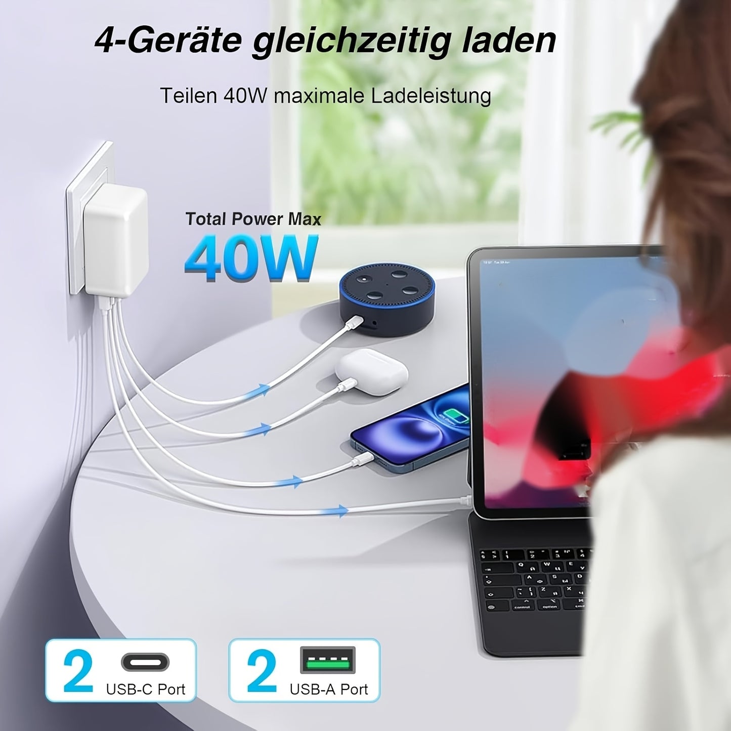 1Pce AU Plug 4-IN-1 2025 New Charger USB A+C Charger Block Thin Flat 40W 4-Port Wall Charger 1pc PD+QC Fast Charger Cube, Compatible with iPhone 16/16 Pro/15/15 Pro/14/13, Airpods, Samsung