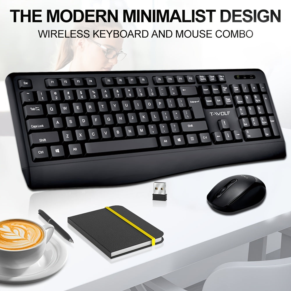 A set of wireless keyboard and mouse combos, 2.4G full-size ergonomic keyboard with palm rest, 3-step DPI adjustable optical mouse, quiet computer keyboard for PC laptop Windows Mac - black