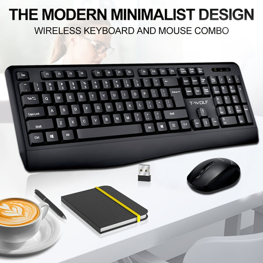 A set of wireless keyboard and mouse combos, 2.4G full-size ergonomic keyboard with palm rest, 3-step DPI adjustable optical mouse, quiet computer keyboard for PC laptop Windows Mac - black