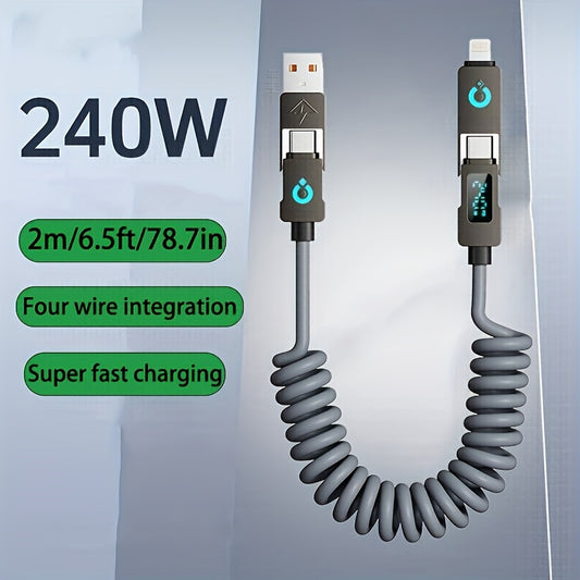 240Wmax 4-in-1 USB-C Charging Cable with Digital Display - Soft & Elastic Spring Wire, Fast Charging for iPhone, Xiaomi, Huawei & More - Multi-Port, High-Speed Data Transfer, Car Mountable, Car Charging Cable | Flexible Charging Cable | Durable Charging