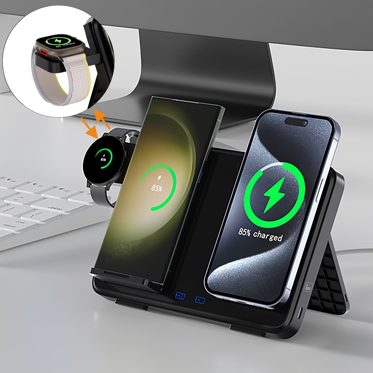 SUONEE 4-in-1 Magnetic Wireless Charging Station, Foldable USB Type-C Adapter for Samsung Galaxy Z Fold/Flip, S24 Ultra/S23/S22/S21/S20, Note 20/Note 10/Note 8, iPhone 16/15/14/13/12, iWatch, Galaxy Watch, AirPods/Earbuds - Wireless Charging Function, ≤3