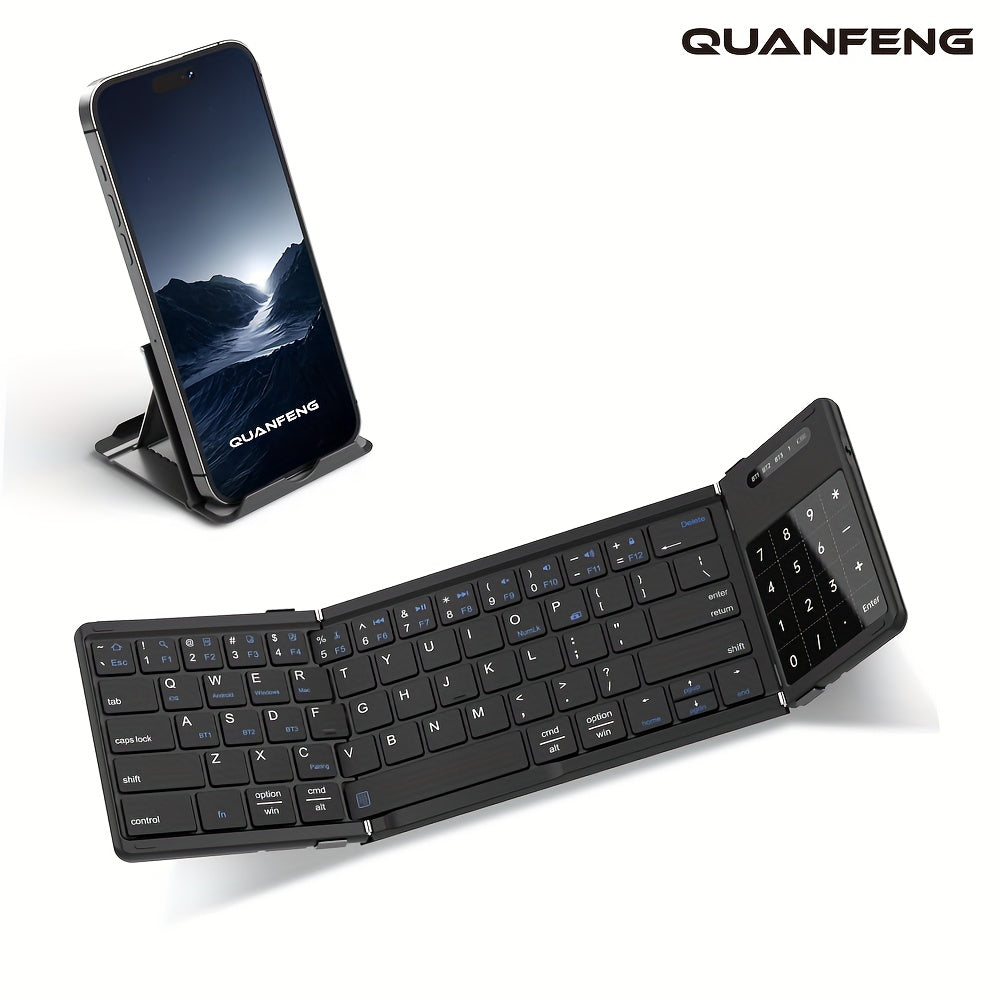 QUANFENG Wireless Folding Keyboard with Touchpad and Numeric Keypad, Portable Rechargeable 2.4G+BT5.1 Support, Multi-Device Co-Connection, Pocket-Sized, Ideal for Travel, Work, Compatible with iOS, Android, Windows, Mobile Phones, Tablets, Laptops, Deskt
