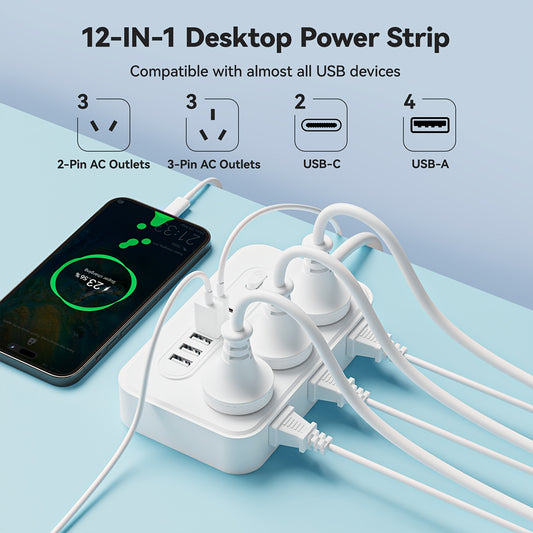 A 12-In-1 Australian Power Strip with 6 AC Outlets, 4 USB Ports, And 2 Type-C Connectors, Designed As a Desktop Charging Station for Home, Office, And Travel, Available in White And Black.