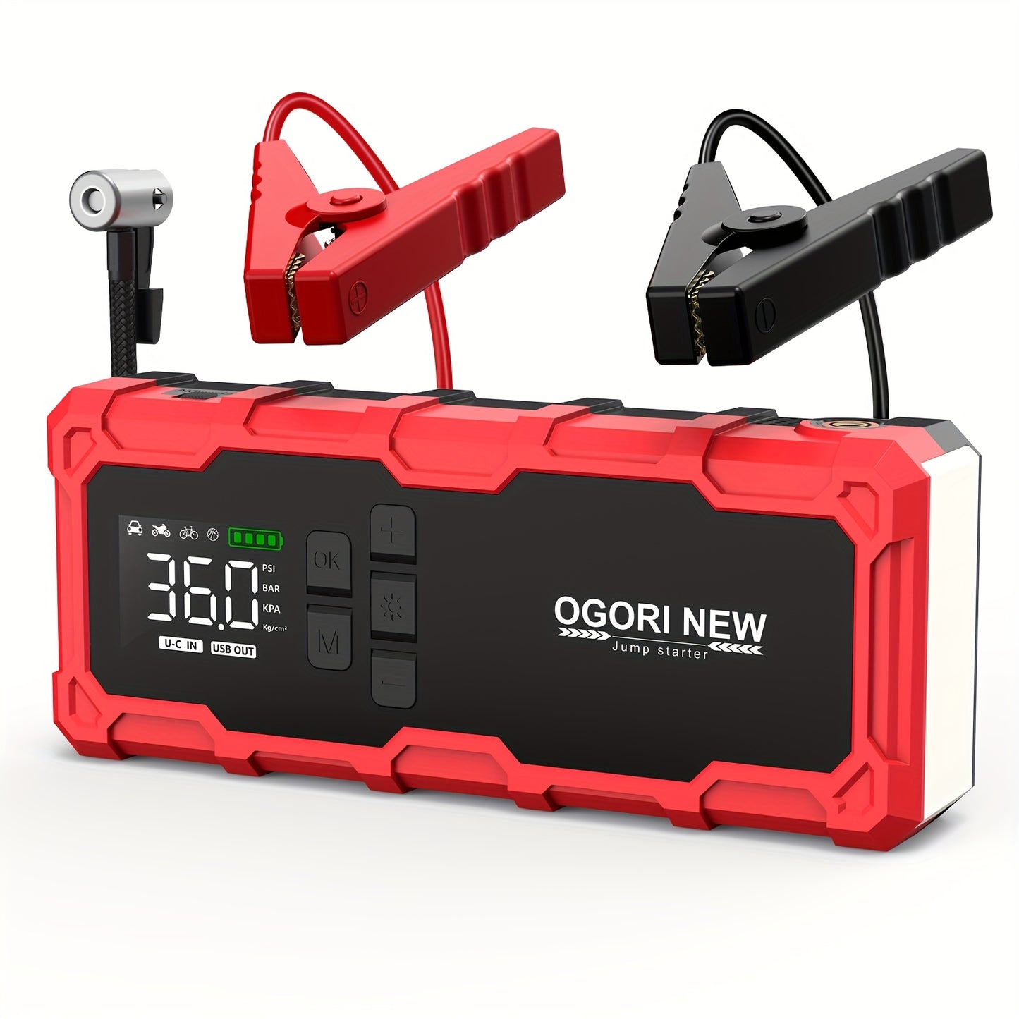 Car Battery Jump Starter, 9000A 12V Jump Starter with Tyre Inflator 150PSI Air Compressor, Portable Battery Booster Pack Jumper Box Tire Inflator Portable Power Pack, Power Bank USB QC3.0 Outputs, Full Gasoline/10.0L Diesel, Jumper And LED Torch