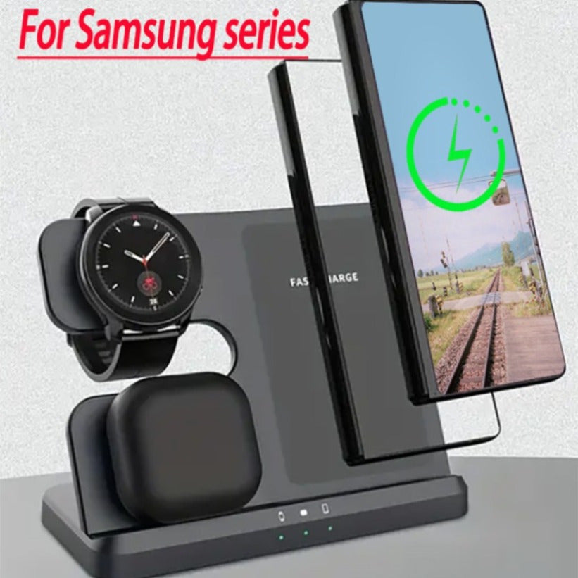3in 1 Wireless Charger Station for Samsung Fast Charging Dock for Galaxy S25 S24 S23 S22 S21 Ultra FE Note 20 10 9 Z Flip Fold 6 5 4 3 Series for Galaxy Watch 5 Pro/5/4/3/Active 2/1, Buds+/Pro/Live Desktop Wireless Chargers Phone Holder Stand
