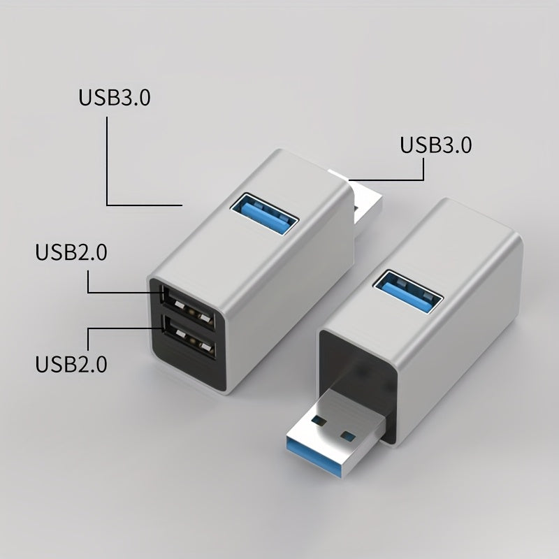 Mini 3-in-1 Hub Portable Dock with 1 USB 3.0 Port and 2 USB 2.0 Ports, High-Speed Splitter, Aluminum Alloy Casing, Compact Design, Durable Build