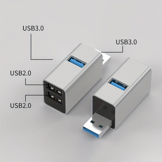 Mini 3-in-1 Hub Portable Dock with 1 USB 3.0 Port and 2 USB 2.0 Ports, High-Speed Splitter, Aluminum Alloy Casing, Compact Design, Durable Build