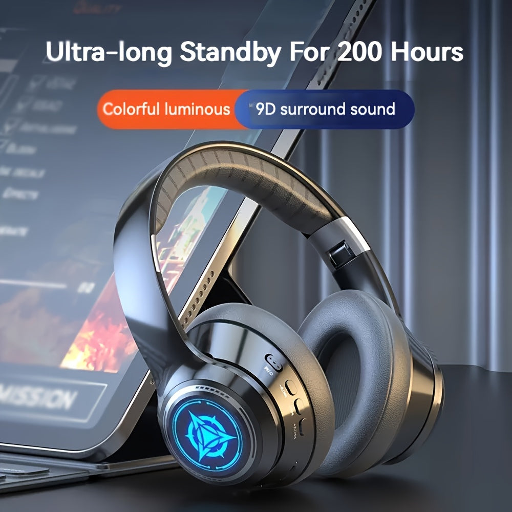 Ultra-Long Standby 200 Hours Gaming Headphones with LED Lights, Wireless 5.0 Chip, 99D Surround Sound, Noise Cancelling Voice Call, Push Button Volume Control, Type-C Jack, Rechargeable Lithium Polymer Battery, Compatible with Cellphones, Adult - Movie &