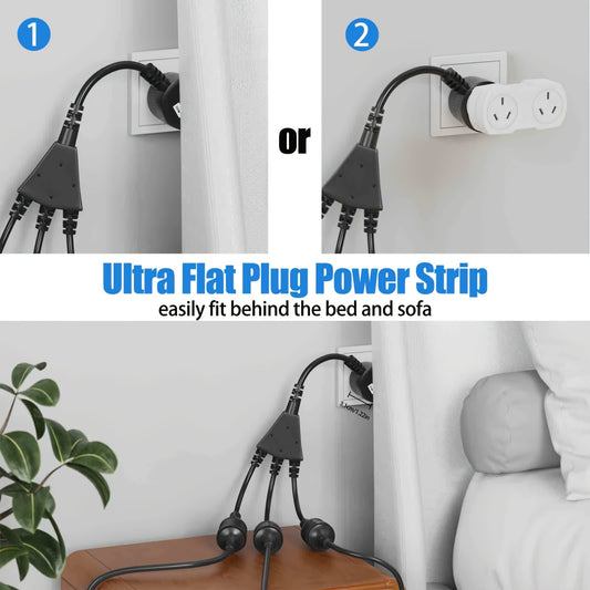 Australia Twin Plug Socket Extension Cord - 1 to 3 Power Distributor for Home/Office, Black