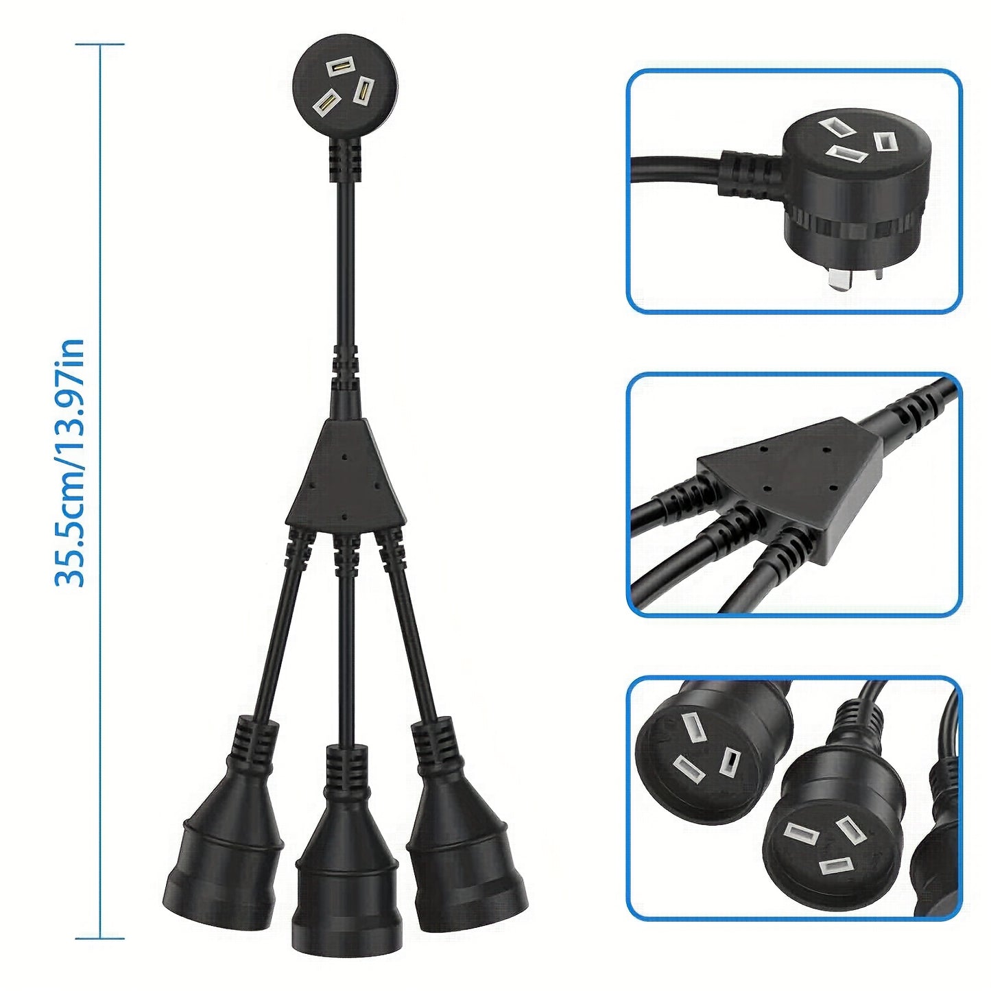 Australia Twin Plug Socket Extension Cord - 1 to 3 Power Distributor for Home/Office, Black