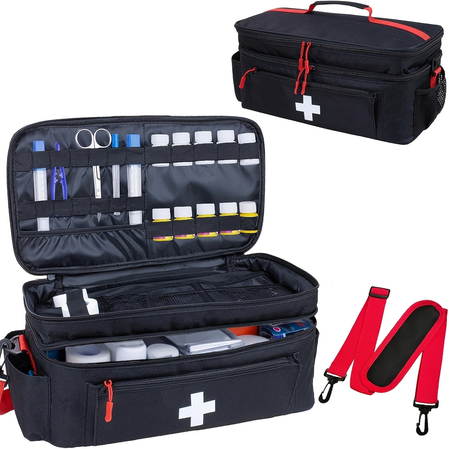 Large Capacity Medicine Storage Bag, Compact and Portable First Aid Kit, Nylon Materials, with Detachable Dividers and Multiple Compartments, Multiple Carrying Options, Suitable for Home and Outdoor Emergency Needs