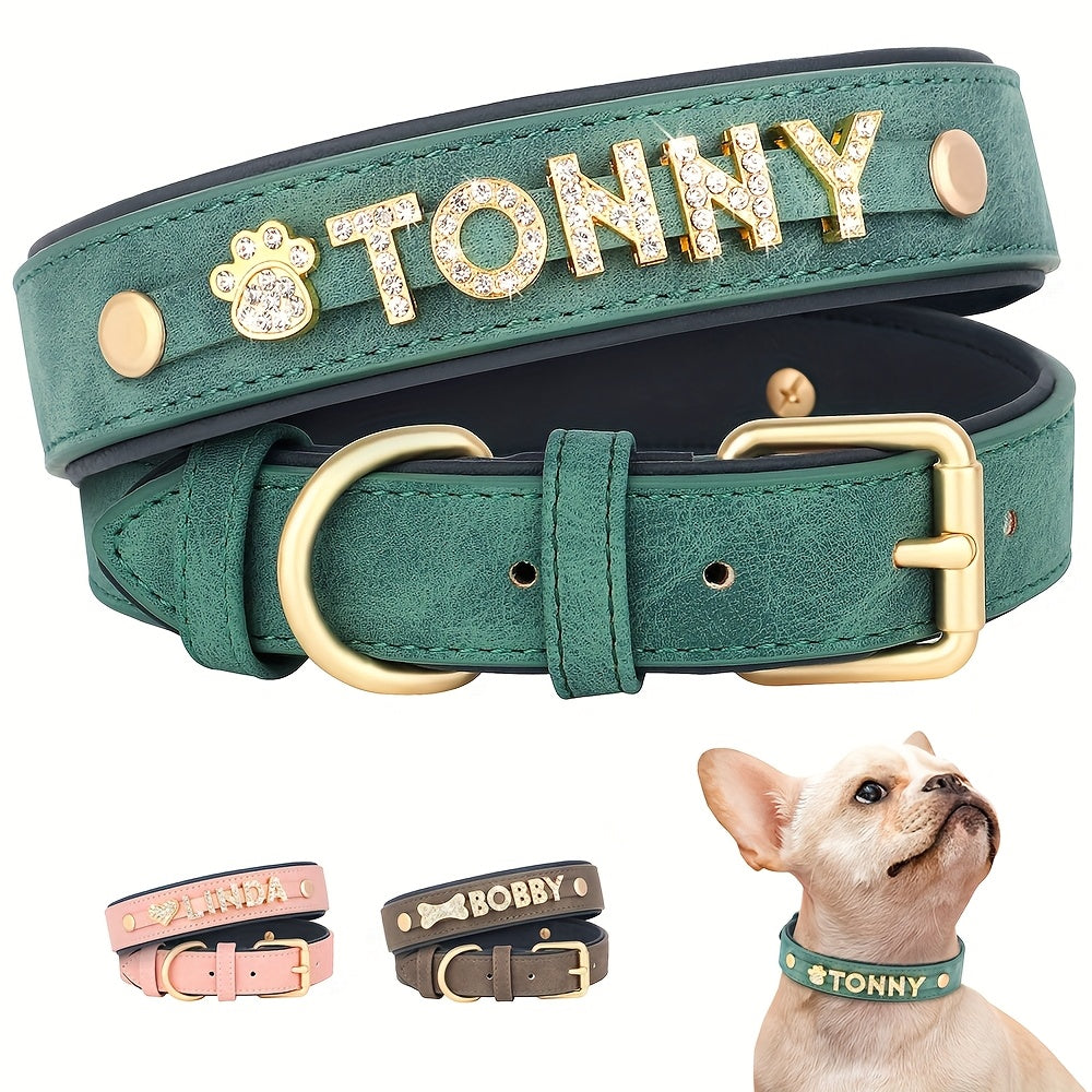 Customizable Pet Collar, Golden Lettering Adjustable Faux Leather Dog Collar Suitable for Large, Medium, and Small Dogs for Daily Walks, Parties, and Weddings