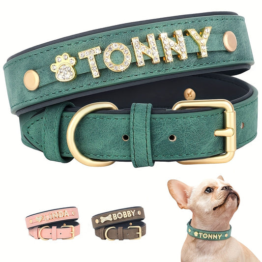 Customizable Pet Collar, Golden Lettering Adjustable Faux Leather Dog Collar Suitable for Large, Medium, and Small Dogs for Daily Walks, Parties, and Weddings