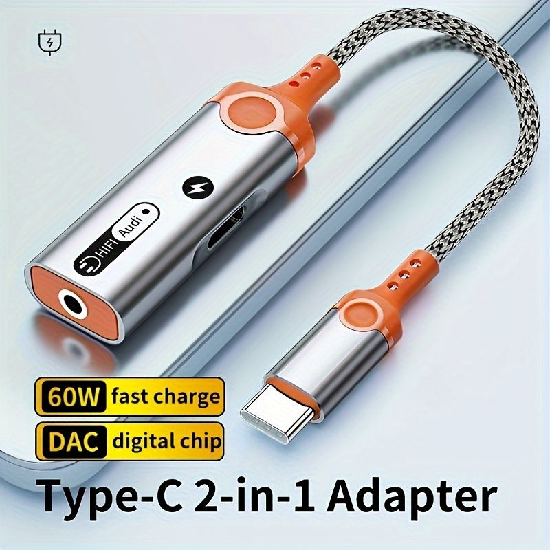 Type-c to 3.5mm Headphone + Charging Two-in-One Converter with DAC Chip PD 60W Fast Charging, Soundless Quality