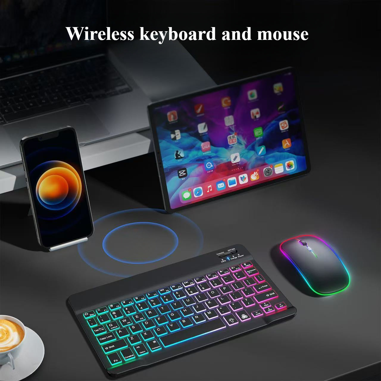 7-Color Backlit Portable Wireless Keyboard and Mouse Set for iPad, Tablet, and Laptop - Ergonomic Design