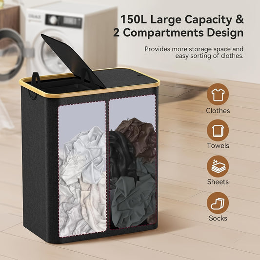 1pc 2-Compartment Laundry Basket with Lid, 150L Dual Inner Bag Dirty Clothes Hamper, Spacious 2-Compartment Foldable Laundry Bin with Handle, High-End Storage Box Suitable for Laundry Room, Bathroom, and Dormitory, Laundry Baskets