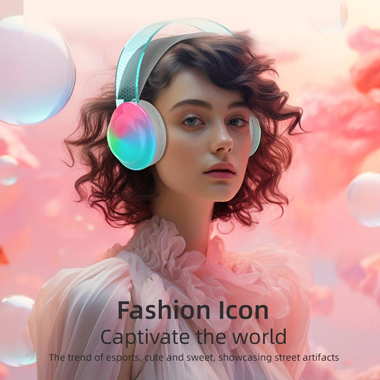 Lightweight Headphone Wireless 5.3 + EDR, Wireless Headphones Over Ear, Multicolor LED Lights Wireless Headphone with Mic, Lightweight Headset for Home Office Cellphone PC