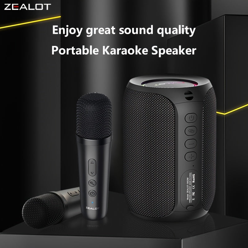 ZEALOT S62m Wireless Speakers with Two Wireless Microphones, Portable Subwoofer Speaker, Dual Pairing, 3600mAh Battery, 12 Hours Playtime Loud Stereo, Booming Bass. Charging Cable, Connect with Mobile Phone/Tablet/TV.