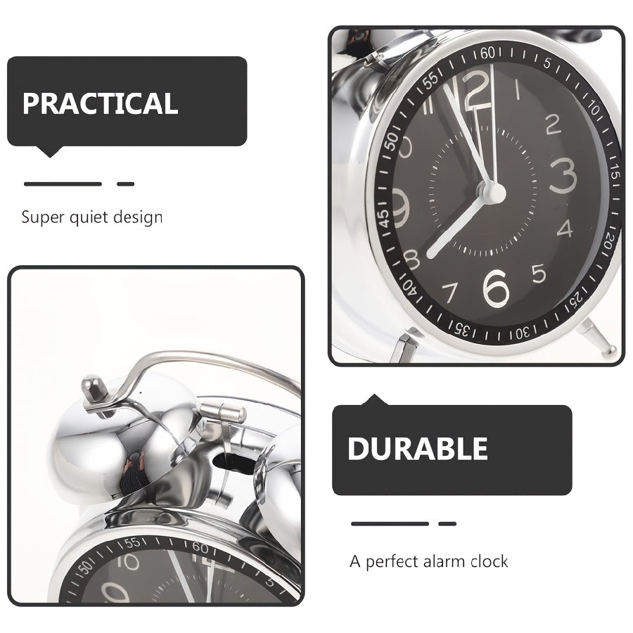 1pc 4-inch metal ringing alarm clock, silent, night light, high-definition glass, bedroom, bedside table, office, home decoration, small ornaments, super ringing alarm suitable for heavy sleepers/students/the elderly/bedside, birthday gift, Christmas