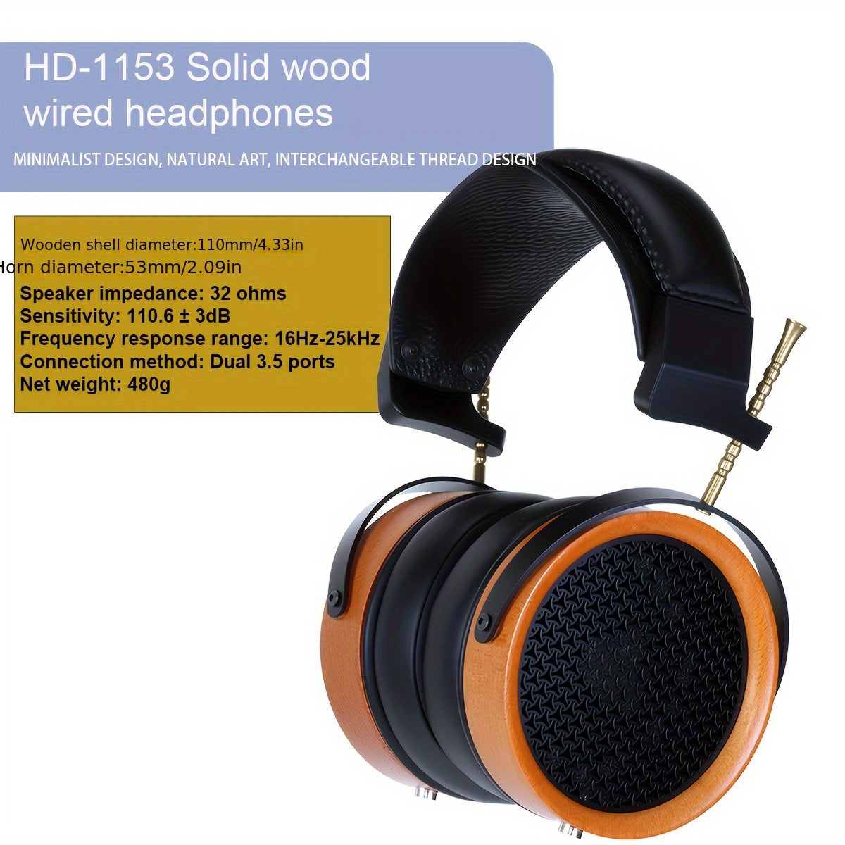 BAO SHI FENG HD 153 Solid Wood Over-Ear Headphones with Interchangeable Cables, HIFI Natural Sound, Ergonomic Comfortable Non-Clip Ear Cups, 3.5mm Jack for PC/Phone/Music/Gaming/Live Streaming, Wired Headphones, Music Listening, Minimalist Design, Durabl