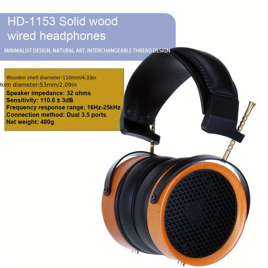 BAO SHI FENG HD 153 Solid Wood Over-Ear Headphones with Interchangeable Cables, HIFI Natural Sound, Ergonomic Comfortable Non-Clip Ear Cups, 3.5mm Jack for PC/Phone/Music/Gaming/Live Streaming, Wired Headphones, Music Listening, Minimalist Design, Durabl