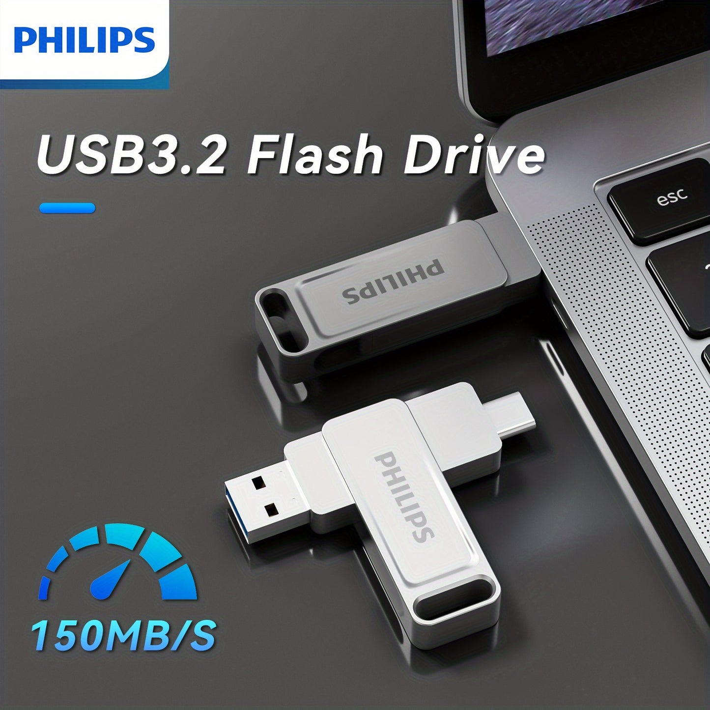 PHILIPS 3.2 Dual Head USB Flash Drive, Dual-color USB Flash Drive, Stable Transfer and Read/write, Large Capacity and Multi-storage, Portable, Supports Mobile Phones and Computers, Compatible with A Wide Variety of Devices to Use