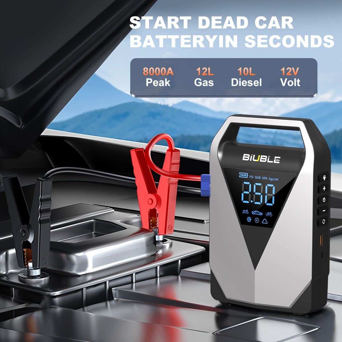 Car Jump Starter With Air Compressor Cordless Tire Inflator, 8000A Battery Booster With Power Bank Pack & LED Flashlights, 12V Auto Jumper Box For 12V Gas Or 10.0L Diesel Vehicles