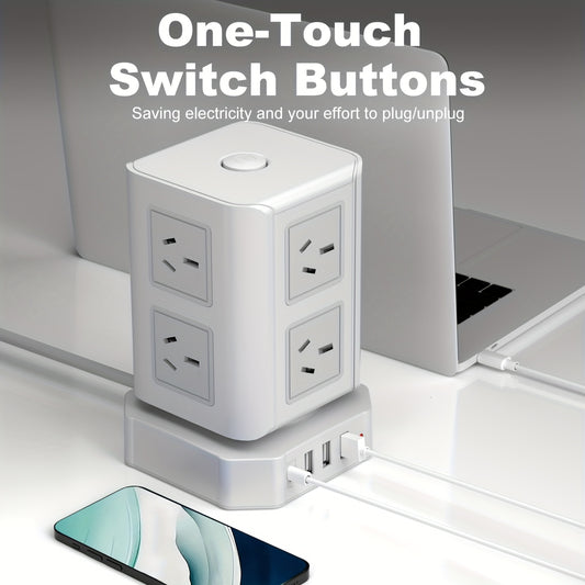 12-in-1 Australian Standard Surge Protector Power Strip with 8 AC Outlets & 4 USB Ports (Including 1*USB-C), 198.12cm Long Extension Cord, Overload Protection for Home, Office, Dorm