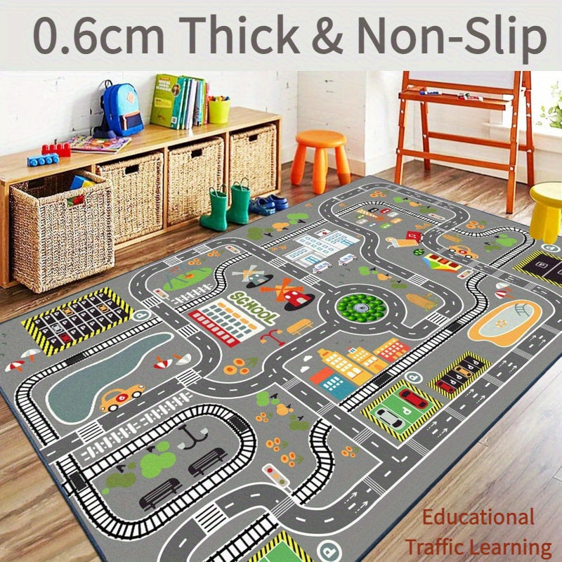 1pc 800g/m² Car Game Mat - 0.6cm Thick Non-Slip Road Rug, Suitable for Youngsters Bedroom/Gaming Room City Map Design, Machine Washable, Educational Traffic Learning for Ages 3-8 Years Old, 120x160cm Large