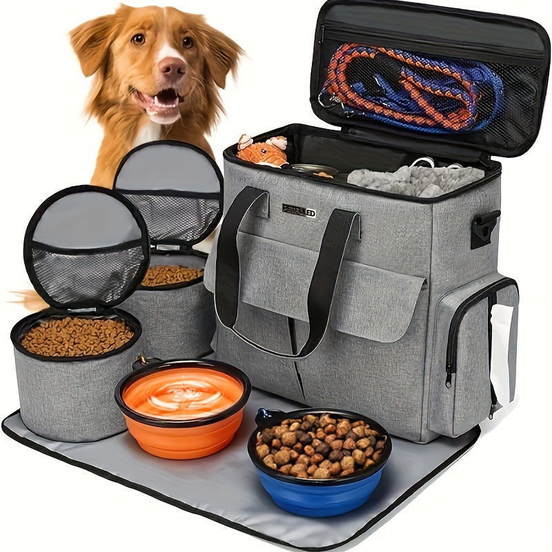 Dog Supplies Travel Bag, Dog and Cat Weekend Pet Travel Set, Airline Approved Carry-On Storage Pouch with Multi-Pocket 2 Food Containers and 2 Foldable Silicone Bowls Gray