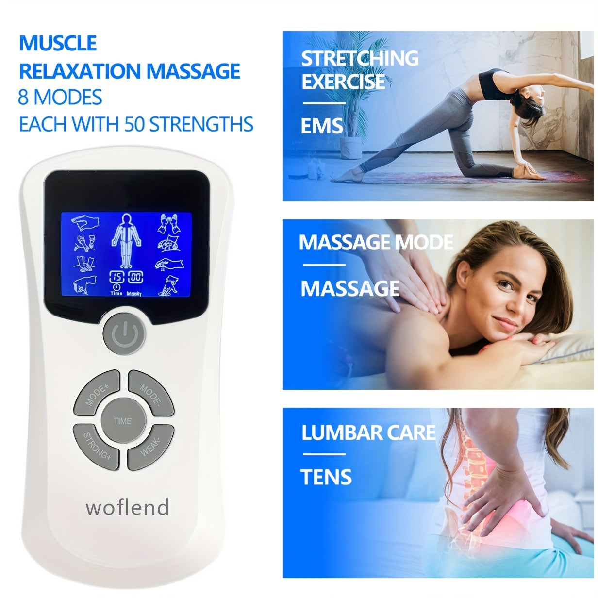 TENS Device, EMS Massager, TENS Muscle Stimulator, Rechargeable Device with 8 Modes & 50 Intensity Levels, Timer Function & Mode Adjustment & Intensity Adjustment & Dual-Channel Device, Home Leisure, Office Use, Muscles, Holiday Gift