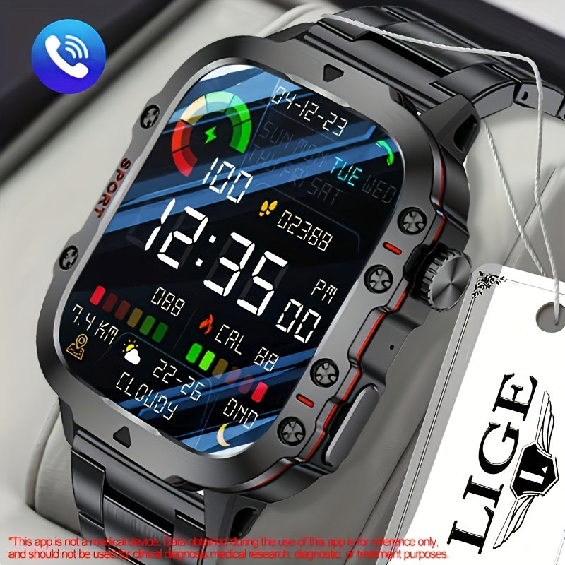 1pc LIGE Men'S Smart Watch with Voice Assistant, Digital Square Dial, Water Resistant, Sports Strap, 100+ Exercise Modes, Rechargeable Battery, Weather & Flashlight Features, Alarm Clock, Calculator, Zinc Alloy Case, USB/Battery Powered