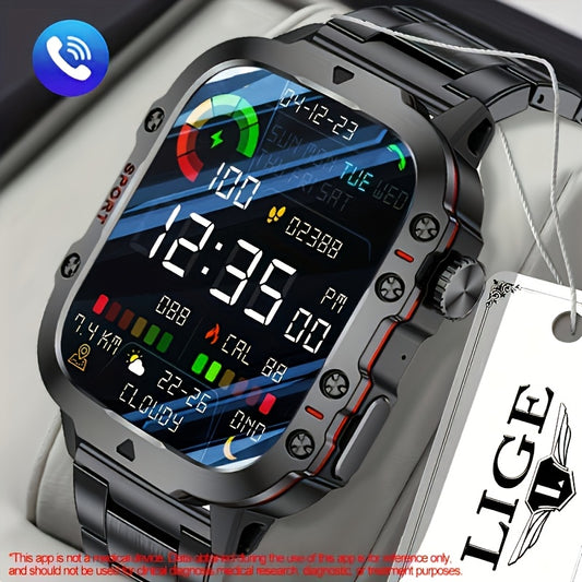 1pc LIGE Men'S Smart Watch with Voice Assistant, Digital Square Dial, Water Resistant, Sports Strap, 100+ Exercise Modes, Rechargeable Battery, Weather & Flashlight Features, Alarm Clock, Calculator, Zinc Alloy Case, USB/Battery Powered