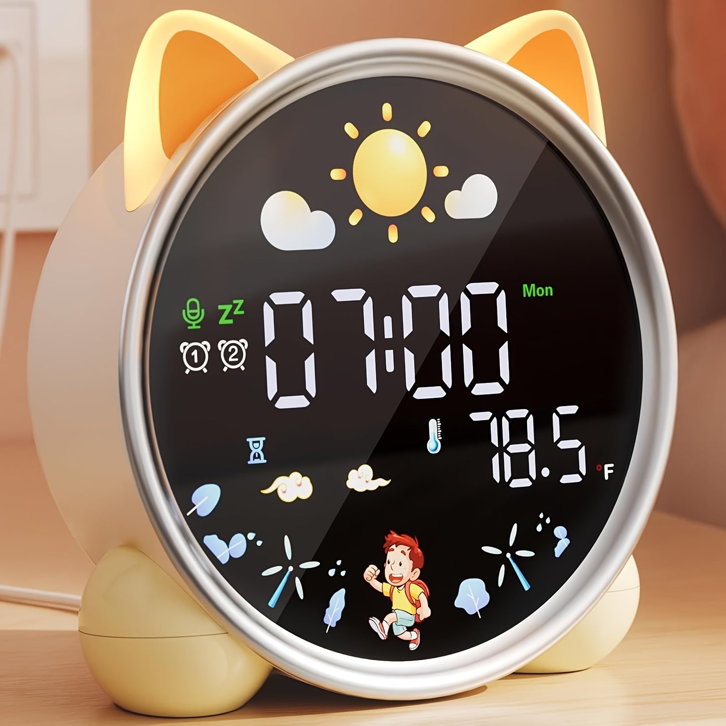 Large Display Cat Model Voice Control Sensing Training Alarm Clock with Temperature Display