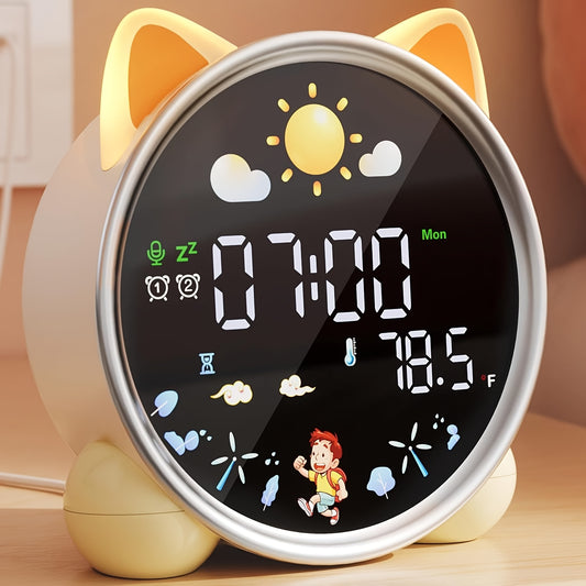Large Display Cat Model Voice Control Sensing Training Alarm Clock with Temperature Display
